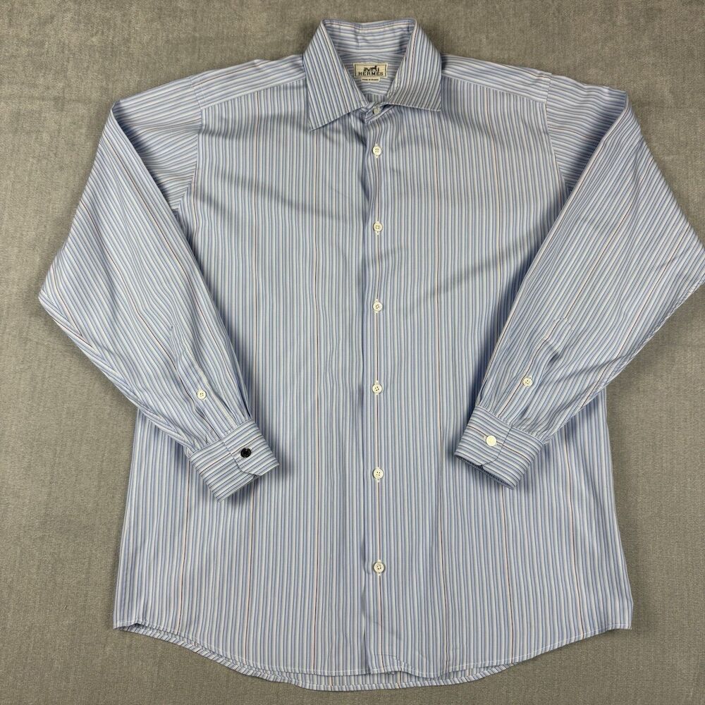Hermes Button Up Shirt Mens 16.5 42 Blue Striped Long Sleeve Made in France